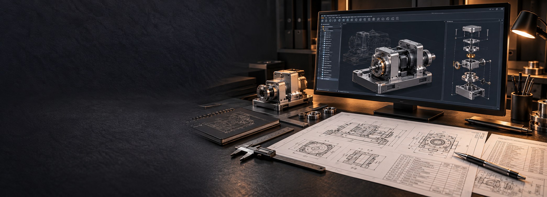 3D CAD modelleme, patlatılmış montaj görünümü, ölçülendirilmiş teknik resimler ve mühendislik dokümanlarının yer aldığı tasarım çalışma alanı